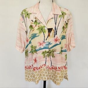 Aloha Hawiian Camp Shirt Button Up Pink Hula Girls Palm Tree Beachy Summer M